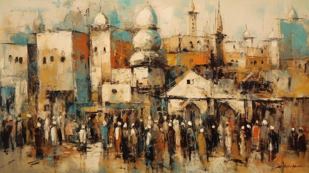 A painting of a city with a mosque in the background.