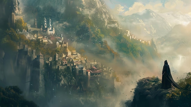 a painting of a city with a mountain in the background