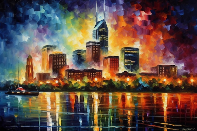 Photo a painting of a city with the nashville skyline in the background.