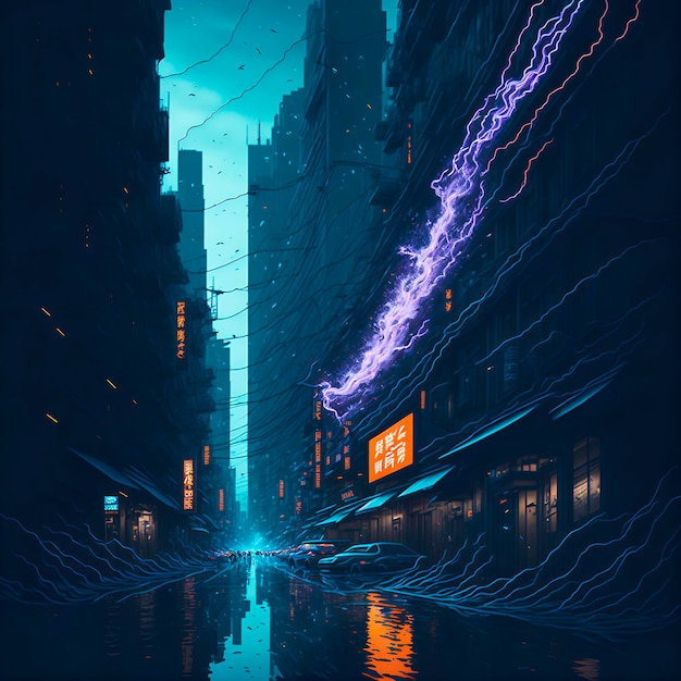 A painting of a city with a neon sign that says'i'm not a storm '