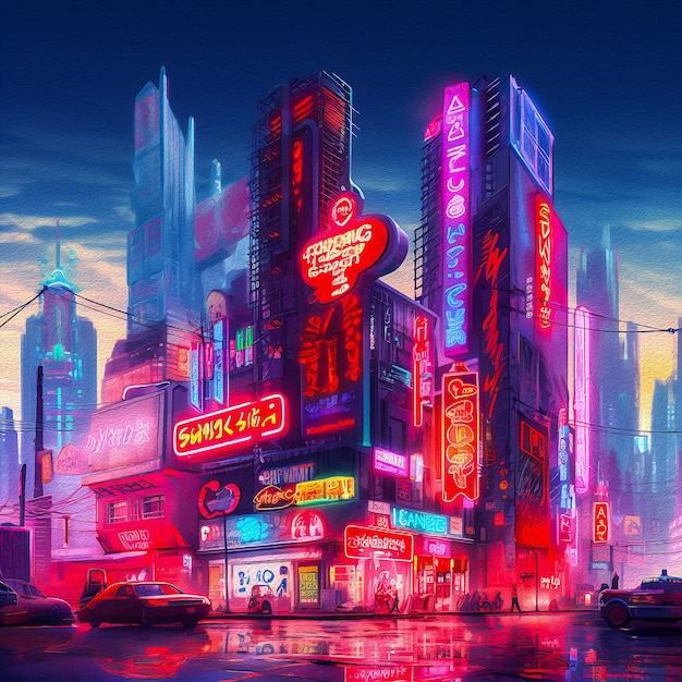 A painting of a city with neon signs that say's a place called the city of dreams '