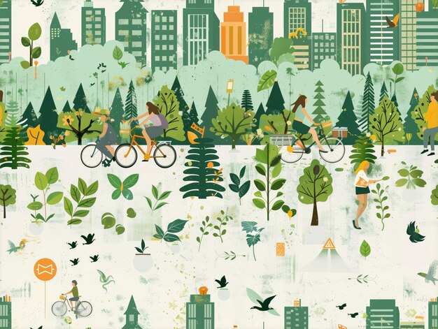 Photo a painting of a city with people riding bikes and trees