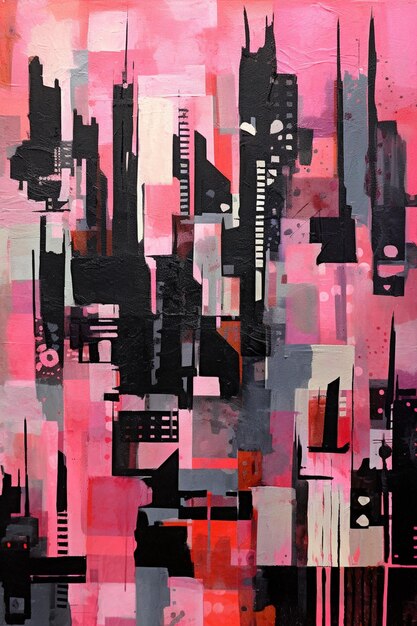 Painting of a city with a pink sky and buildings generative ai