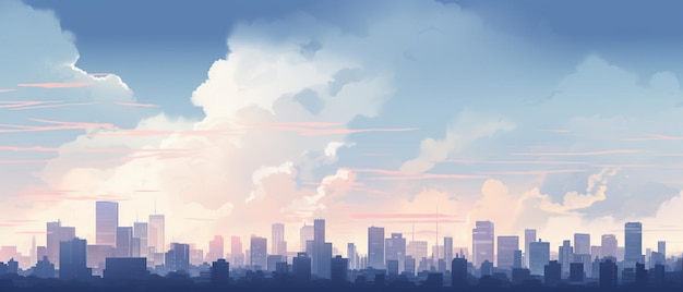 a painting of a city with a pink sky and clouds.