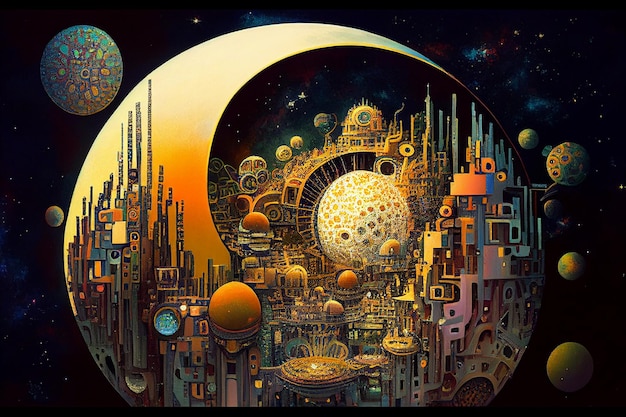 A painting of a city with a planet and a planet.