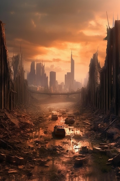 A painting of a city with a ruined city in the background