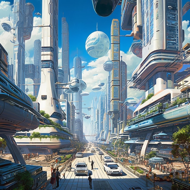 A painting of a city with a sign that says'future'on it