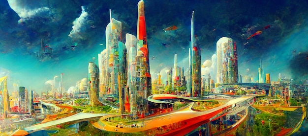 A painting of a city with a sky background and a highway.