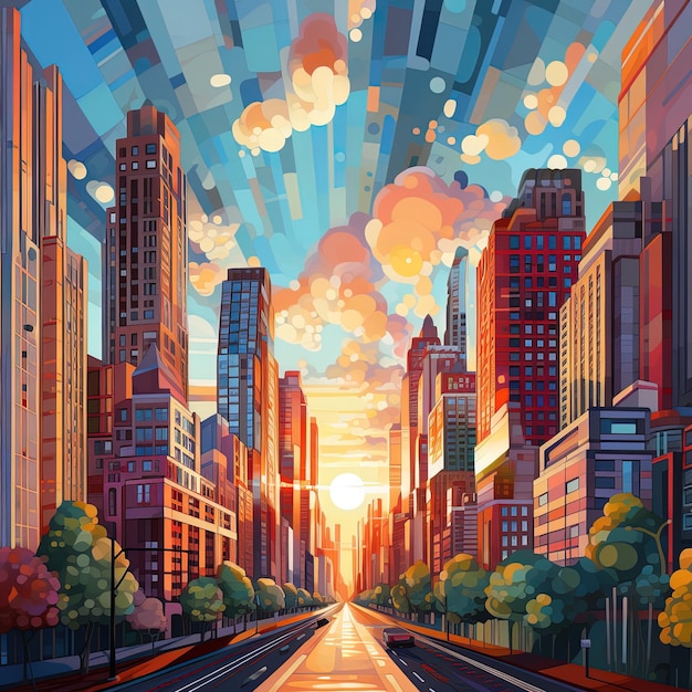 a painting of a city with a sky background and a street with a city in the background