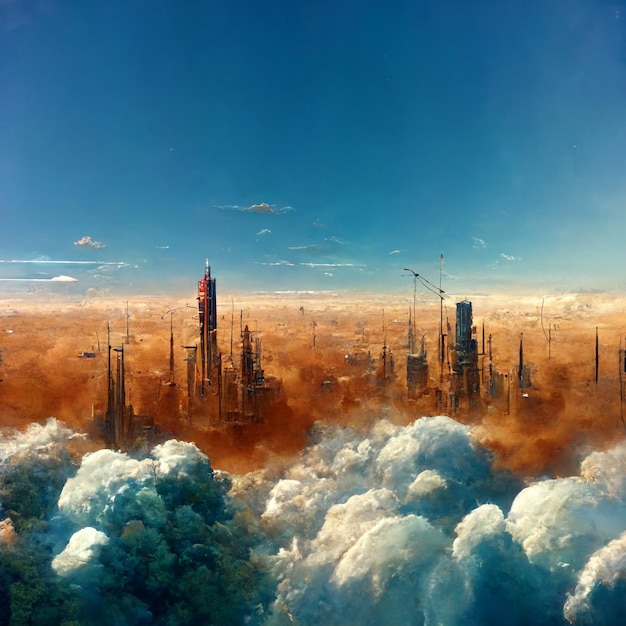 A painting of a city with a sky background and the word metropolis on it.