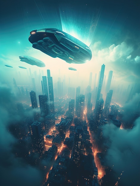 A painting of a city with a spaceship floating above it