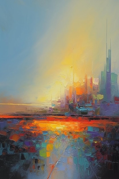 A painting of a city with a sunset in the background.