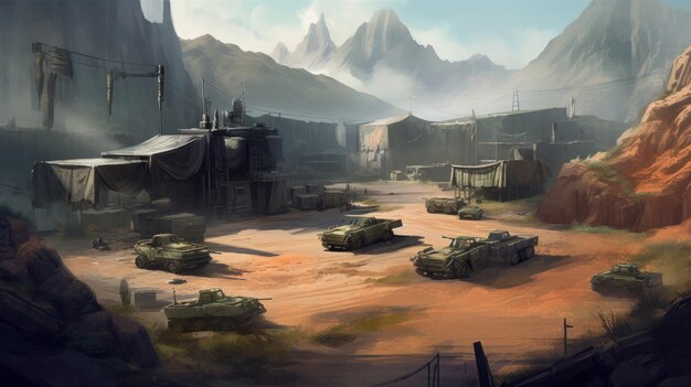 A painting of a city with tanks in front of a mountain.