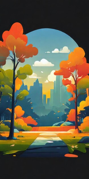Foto un dipinto di una città con alberi e un ponte sullo sfondo