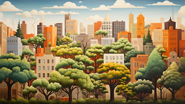 Painting of a city with trees and buildings