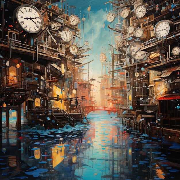 a painting of a city with a water view of a city with a clock on it