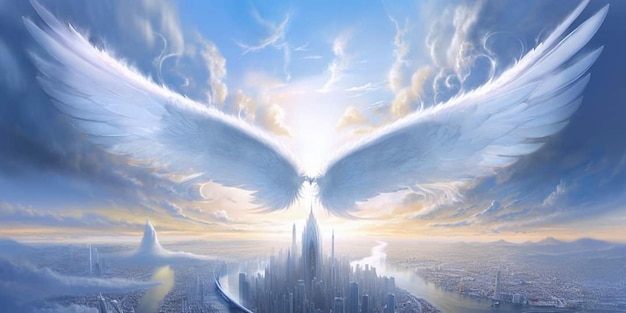 Photo a painting of a city with wings that says'angel '