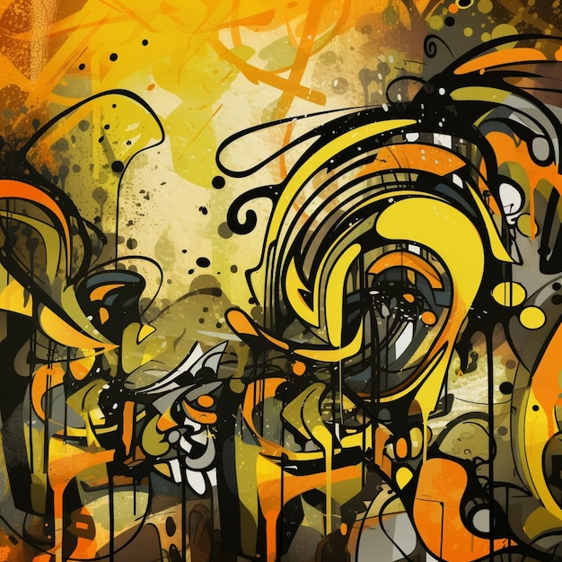 A painting of a city with a yellow and orange swirls.