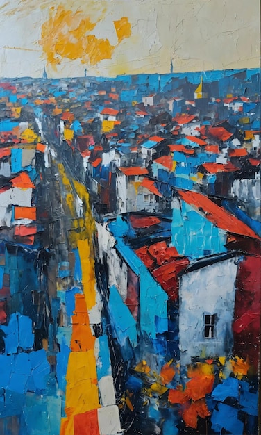 a painting of a city with a yellow street and a red roof