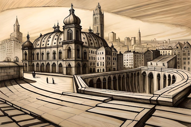 Картина городского пейзажа со зданием на заднем плане