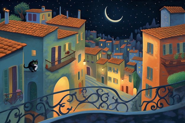 A painting of a cityscape with a cat on the balcony