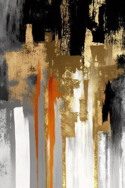 A painting of a cityscape with gold paint and black and white paint.