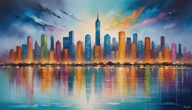 a painting of a cityscape with the reflection of the city in the water