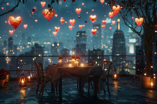 Photo a painting of a cityscape with a table with a tablecloth and a couple sitting at a table with heart shaped hearts