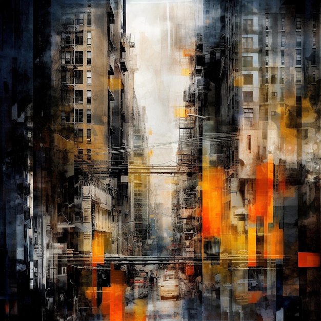 A painting of a cityscape with the word " on it "