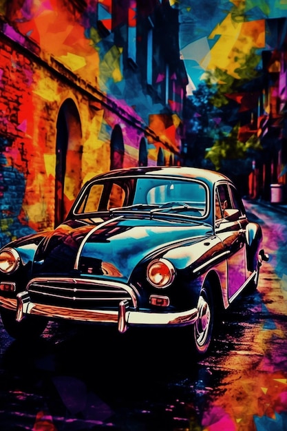 Painting of a classic car parked on a street in a city generative ai