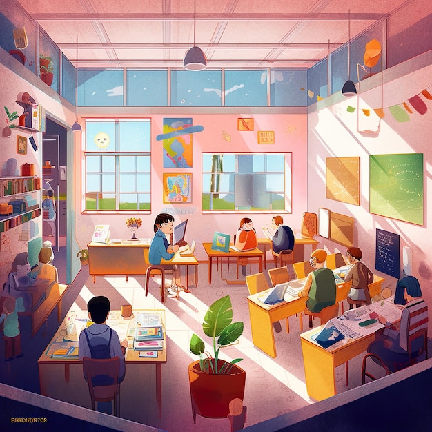 A painting of a classroom with a picture of a boy reading a book