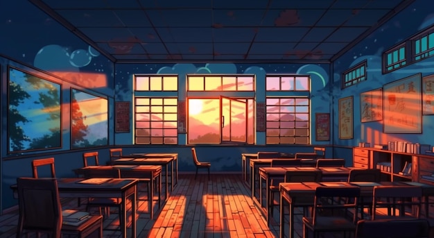 Photo a painting of a classroom with a sunset on the wall.