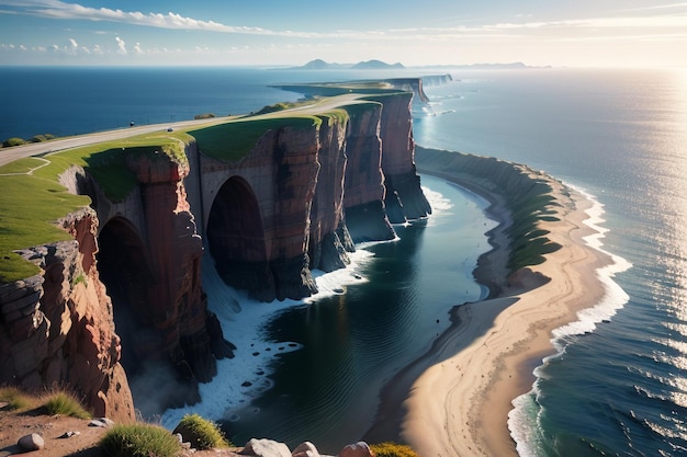 A painting of a cliff with a cliff in the background