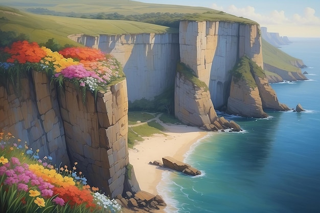 A painting of a cliff with flowers on it