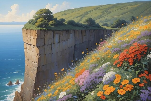 A painting of a cliff with flowers on it