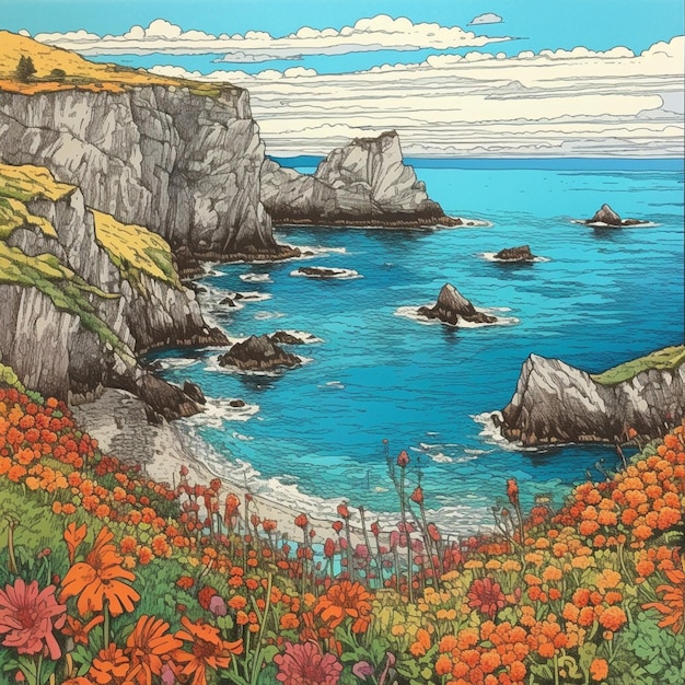 A painting of a cliff with flowers on it