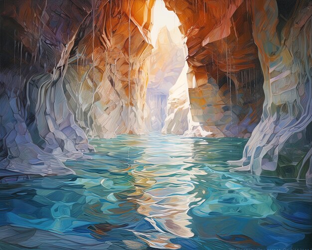 a painting of a cliff with the reflection of the sun in the water