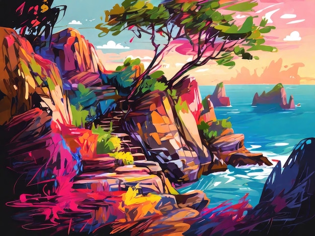 a painting of a cliff with a tree growing out of it