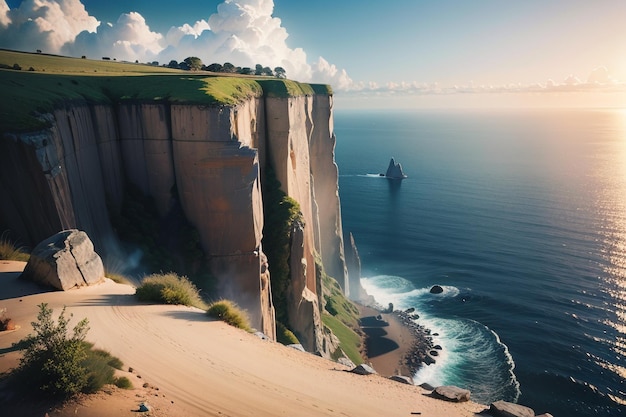 A painting of a cliff with a view of the ocean and the sun shining on it.