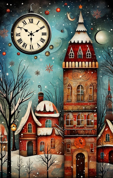 painting of a clock and a building in a snowy landscape generative ai