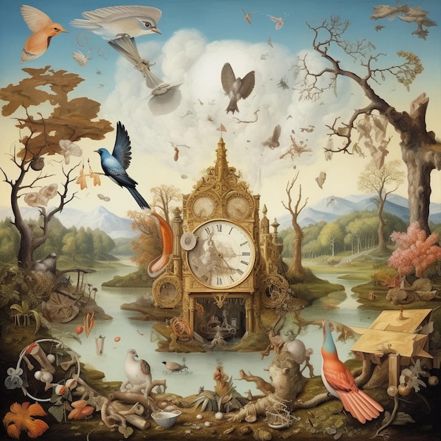 Painting of a clock surrounded by animals and birds in a forest generative ai