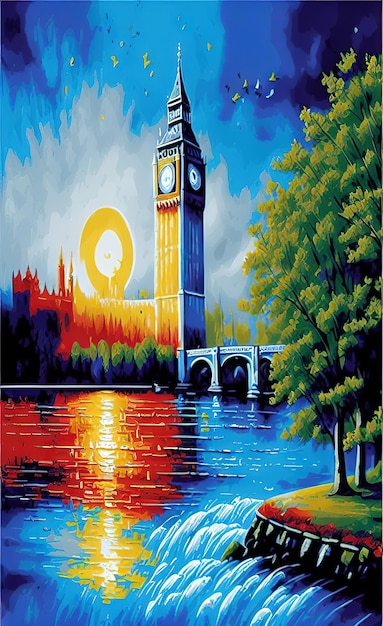 A painting of a clock tower in london