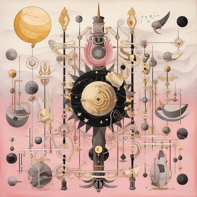 painting of a clock with a lot of different objects on it generative ai