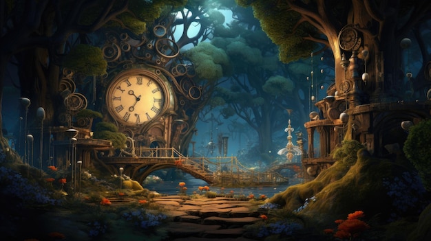 a painting of a clock with a tree in the background.