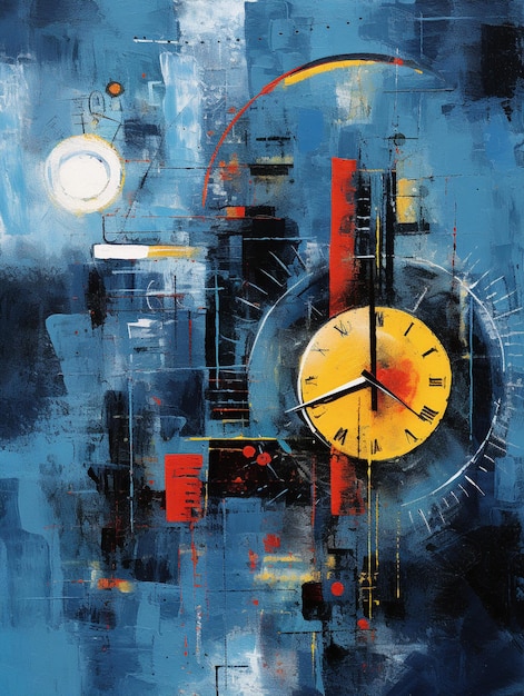 Painting of a clock with a yellow face and a black face generative ai