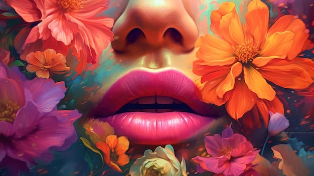 A painting of a closeup of the mouth of a caucasian woman surrounded by colorful flowers