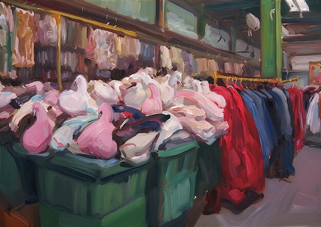 A painting of clothes in a store with a green bin that says'the word'on it '