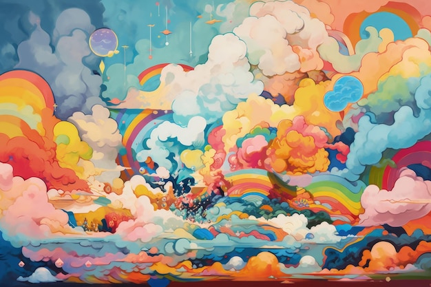 A painting of clouds and rainbows in the sky generative AI