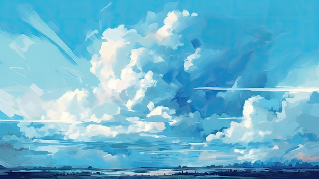 A painting of clouds and the sky is blue and white.