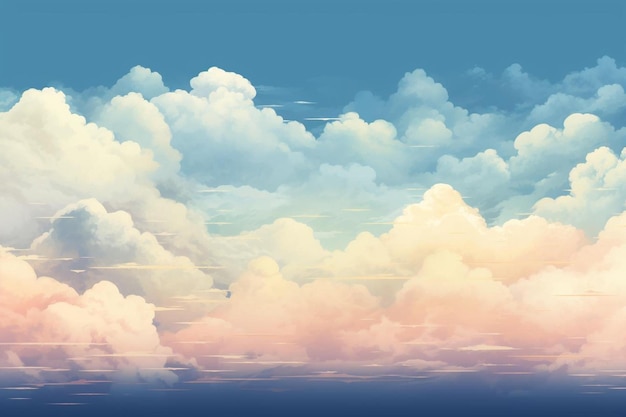 a painting of clouds and the sky with a plane flying by